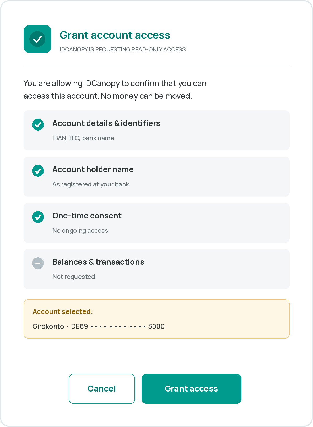 Consent step (illustrative): the user grants read-only access to account details and the holder name